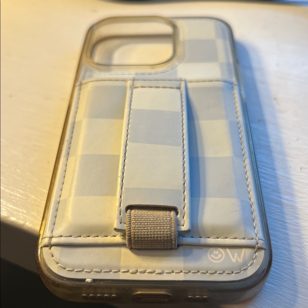 Light Blue and White Checkered IPhone 14 Pro Walli Case with Stand
